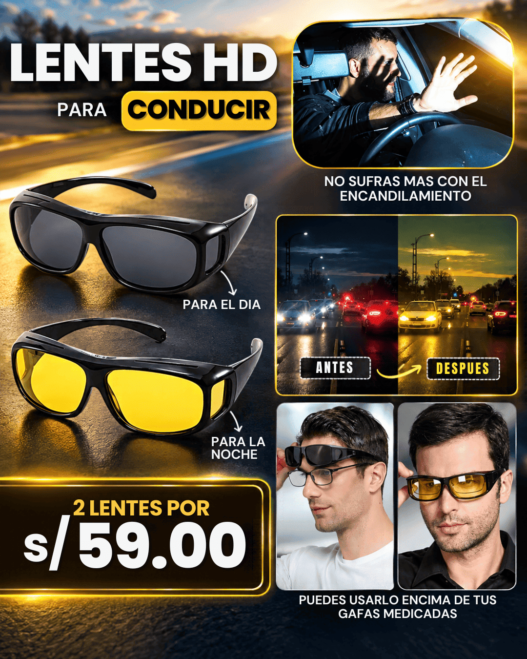 LENTES PARA CONDUCIR CON VISIÓN HD DÍA Y NOCHE