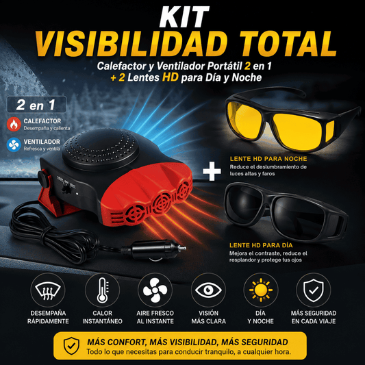 KIT VISIBILIDAD TOTAL Calefactor y Ventilador Portátil 2 en 1 + 2 Lentes HD para Día y Noche
