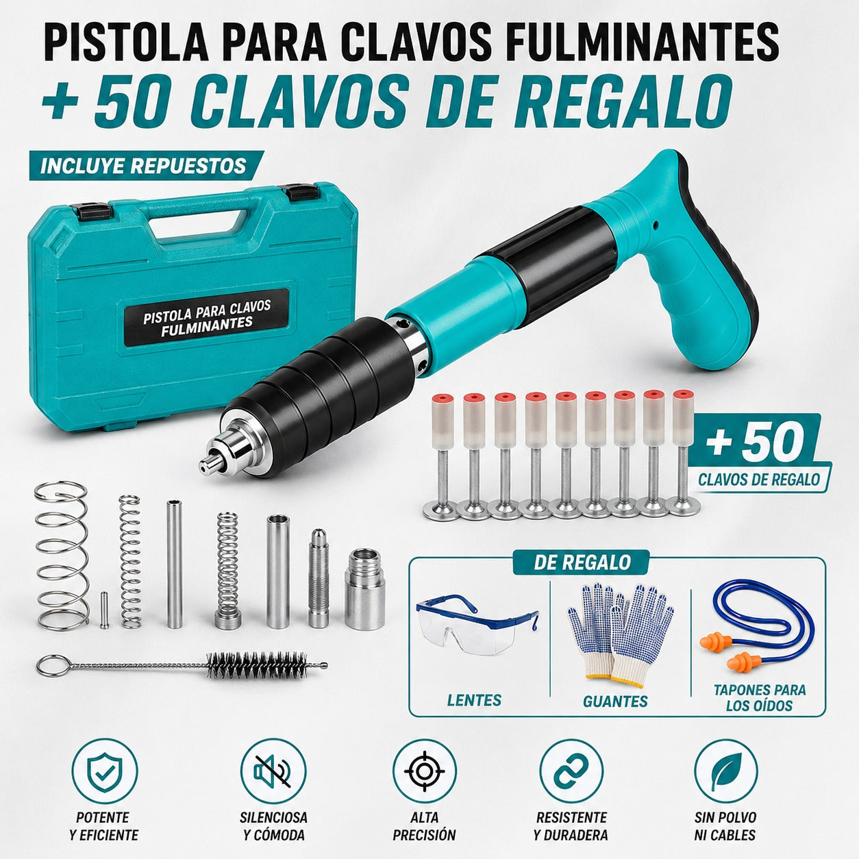 Pistola para fulminantes + 50 clavos de regalo